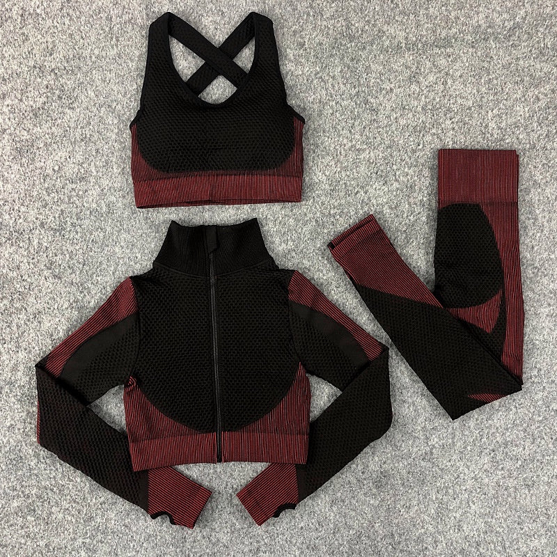 Conjunto Fitness Feminino 3 Peças: Top, Sutiã Esportivo e Calça de Treino Sem Costura